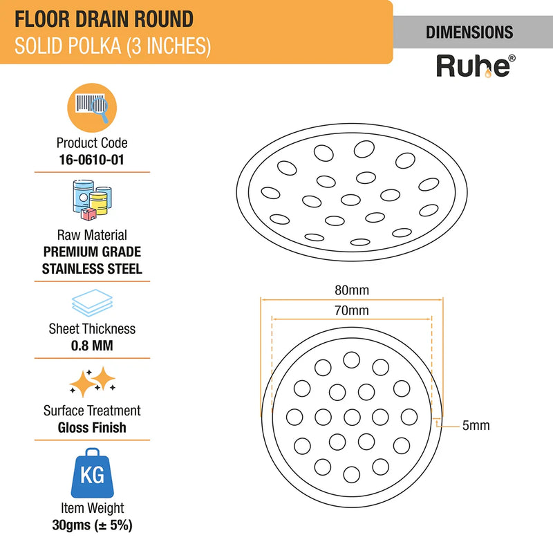 Solid Polka Round Floor Drain (3 inches) (Pack of 4) - by Ruhe