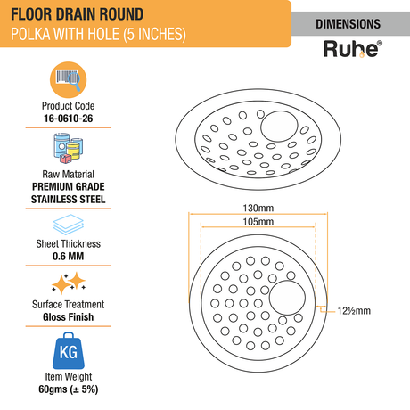 Polka Round Floor Drain (5 inches) with Hole (Pack of 2) - by Ruhe®