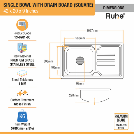 Square Single Bowl (42 x 20 x 9 Inches) Premium Stainless Steel Kitchen Sink with Drainboard dimensions and sizes