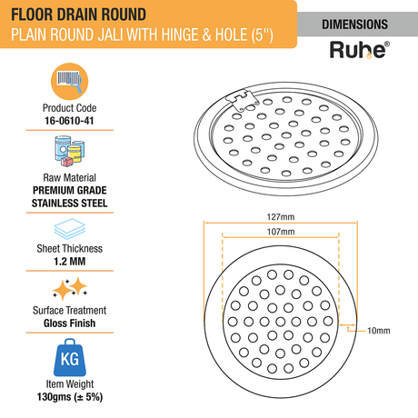 Plain Round Jali Floor Drain (5 Inches) with Hinged Grating Top & Hole (Pack of 2) - by Ruhe®