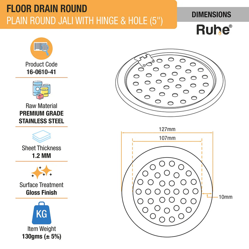 Plain Round Jali Floor Drain (5 Inches) with Hinged Grating Top & Hole (Pack of 2) - by Ruhe