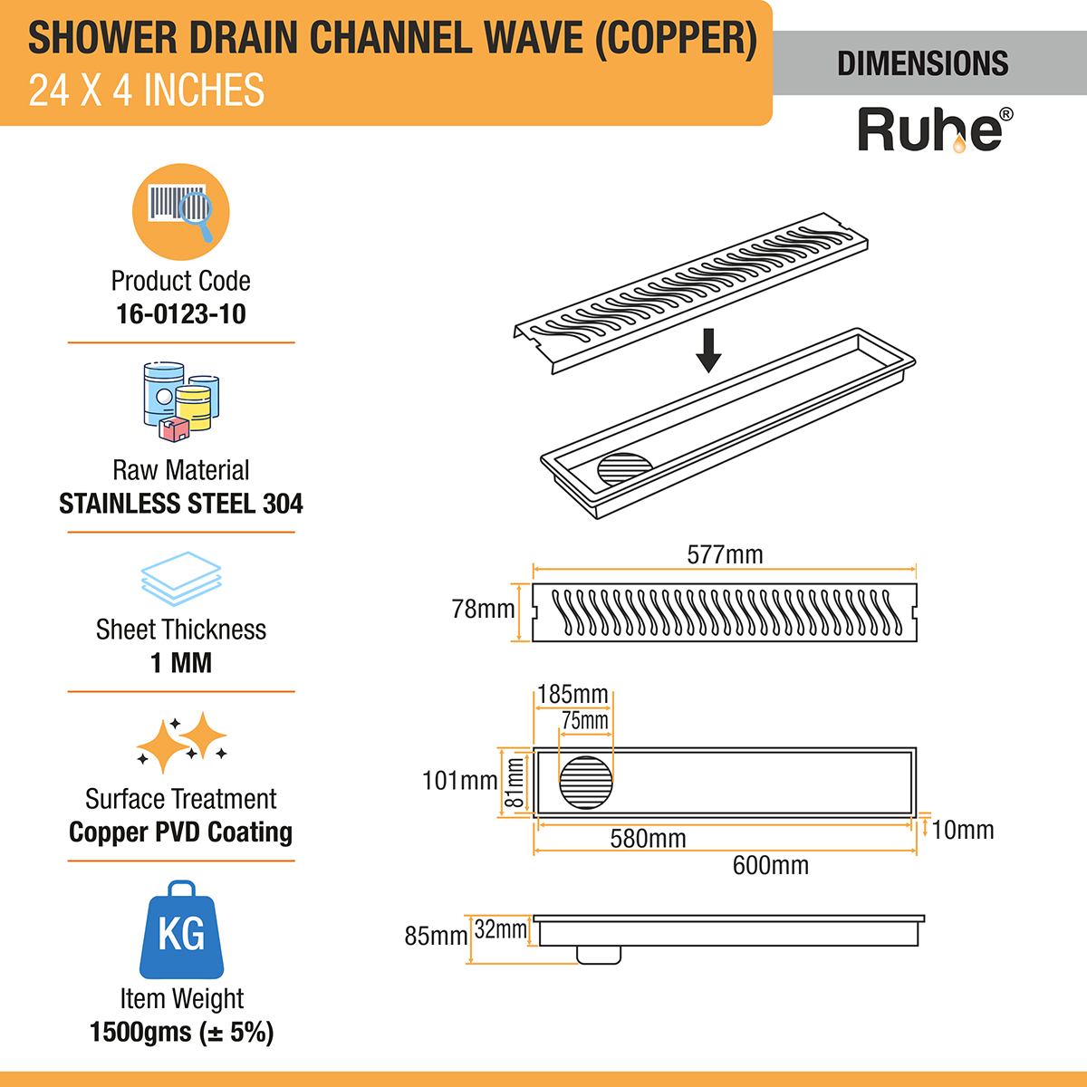 Wave Shower Drain Channel (24 x 4 Inches) ROSE GOLD PVD Coated - by Ruhe®