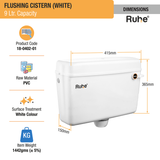 White Flushing Cistern (9 Ltr) dimensions and size