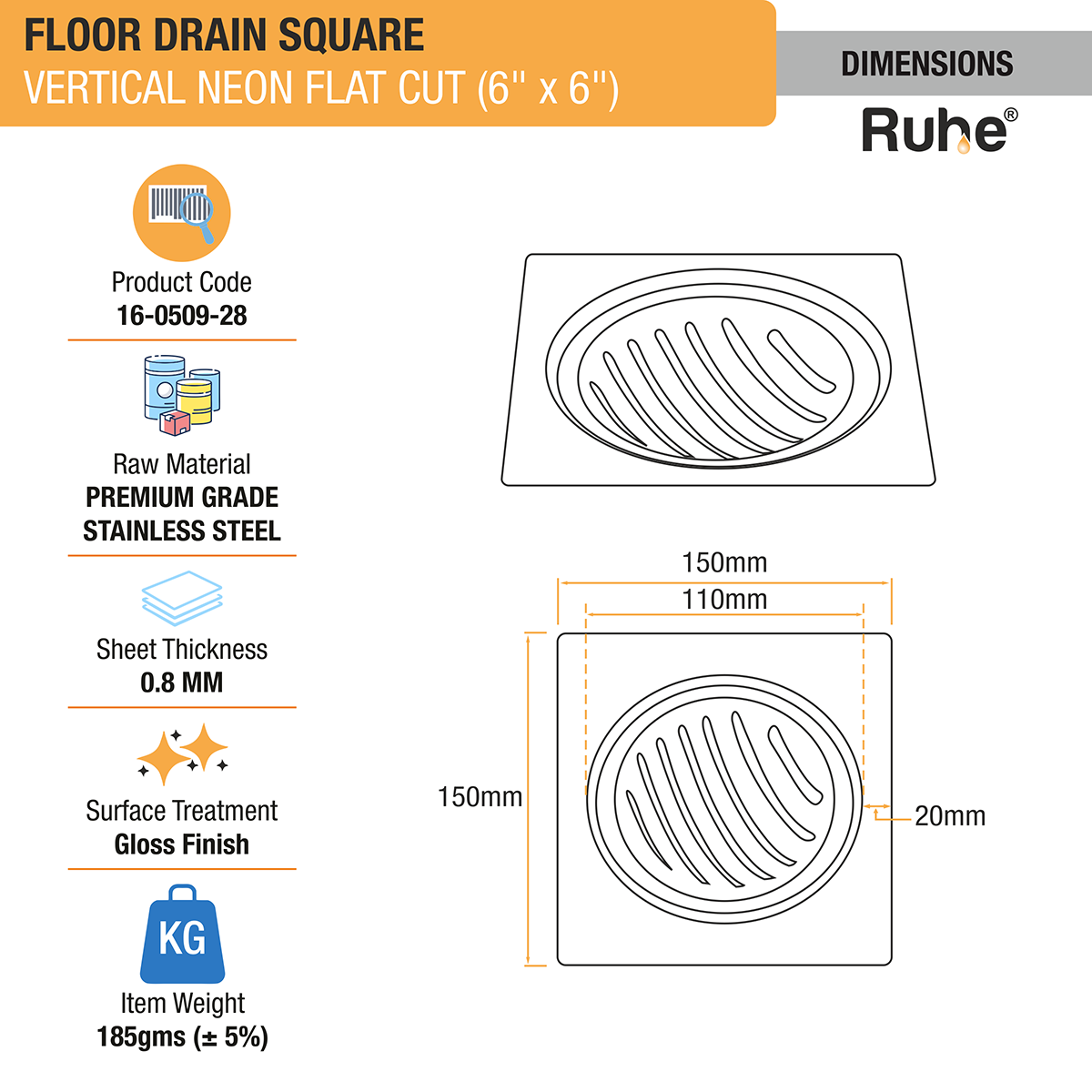 Vertical Neon Square Flat Cut Floor Drain (6 x 6 inches) - by Ruhe®