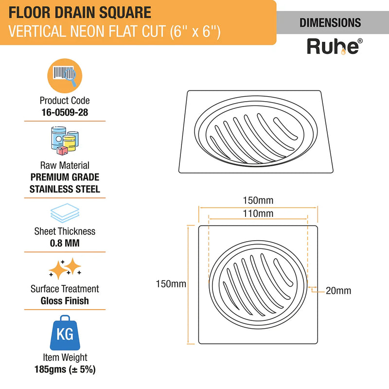 Vertical Neon Square Flat Cut Floor Drain (6 x 6 inches) - by Ruhe