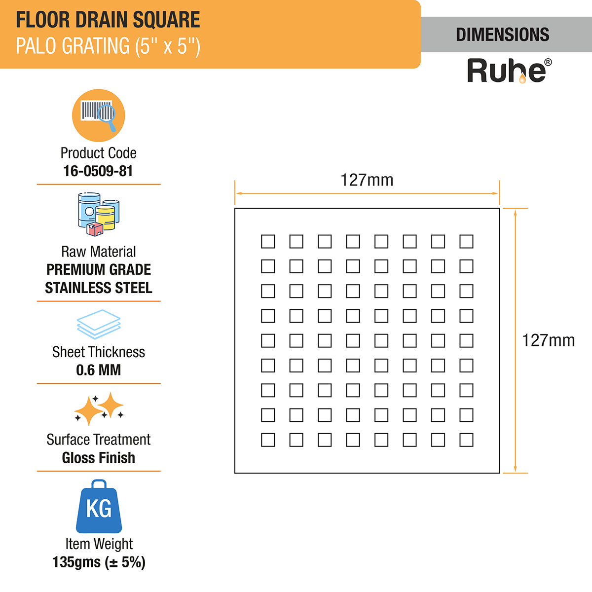 Palo Grating Floor Drain (5 x 5 inches) (Pack of 2) - by Ruhe ®