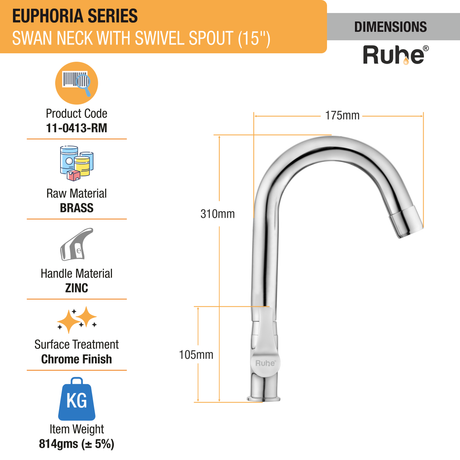 Euphoria Swan Neck with Medium (15 inches) Round Swivel Spout Faucet sizes