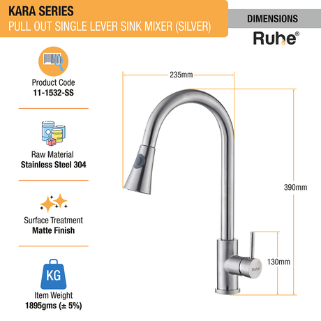 Kara Pull-out Single Lever Table Mount Sink Mixer Faucet with Dual Flow (Silver) 304-Grade SS dimensions and sizes