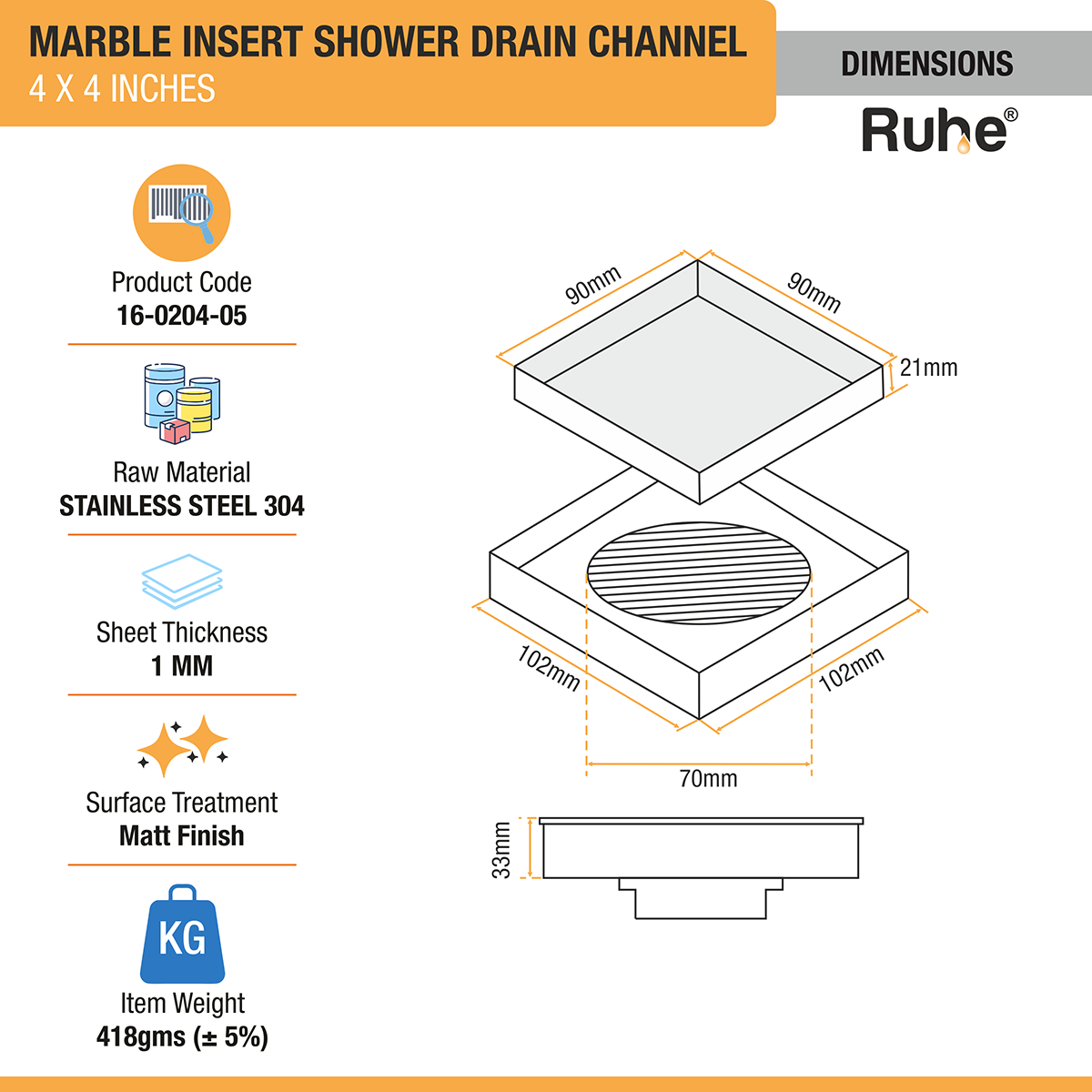 Marble Insert Shower Drain Channel (4 x 4 Inches) with Cockroach Trap (304 Grade) - by Ruhe®