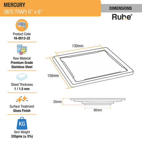 Mercury Square Premium Floor Drain (6 x 6 Inches) - by Ruhe®