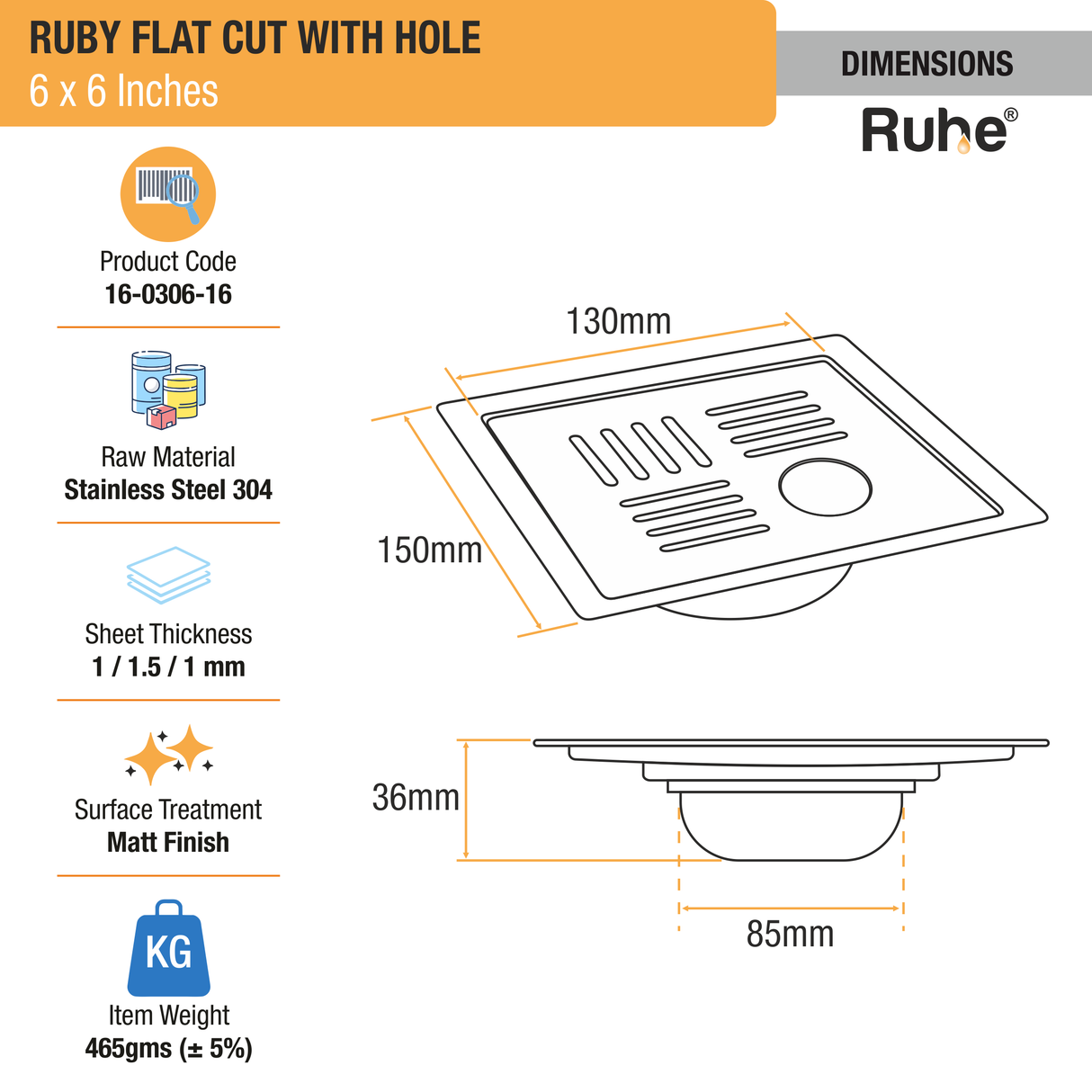 Ruby Square Flat Cut 304-Grade Floor Drain with Hole & Cockroach Trap (6 x 6 Inches) - by Ruhe®