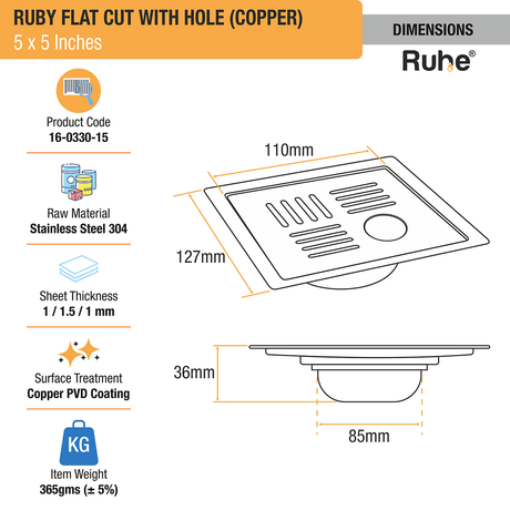 Ruby Square Flat Cut Floor Drain in Antique Copper PVD Coating (5 x 5 Inches) with Hole dimensions and size