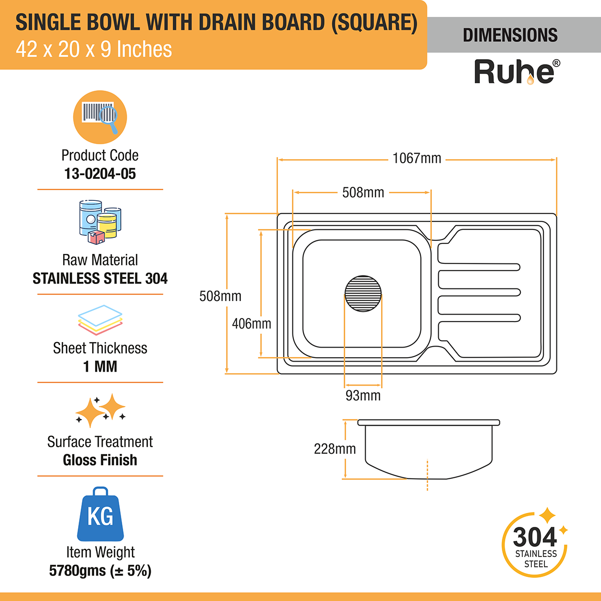 Square Single Bowl with Drainboard 304-grade (42 x 20 x 9 inches) Kitchen Sink - by Ruhe