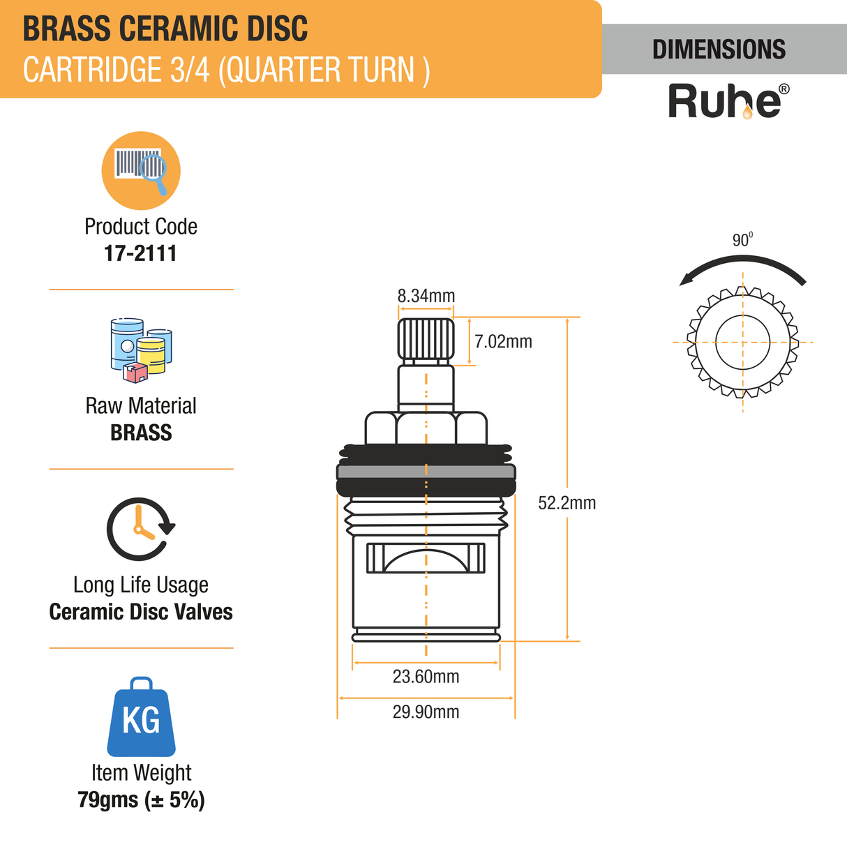 Brass Ceramic Disc Cartridge (Quarter-Turn) dimensions and size