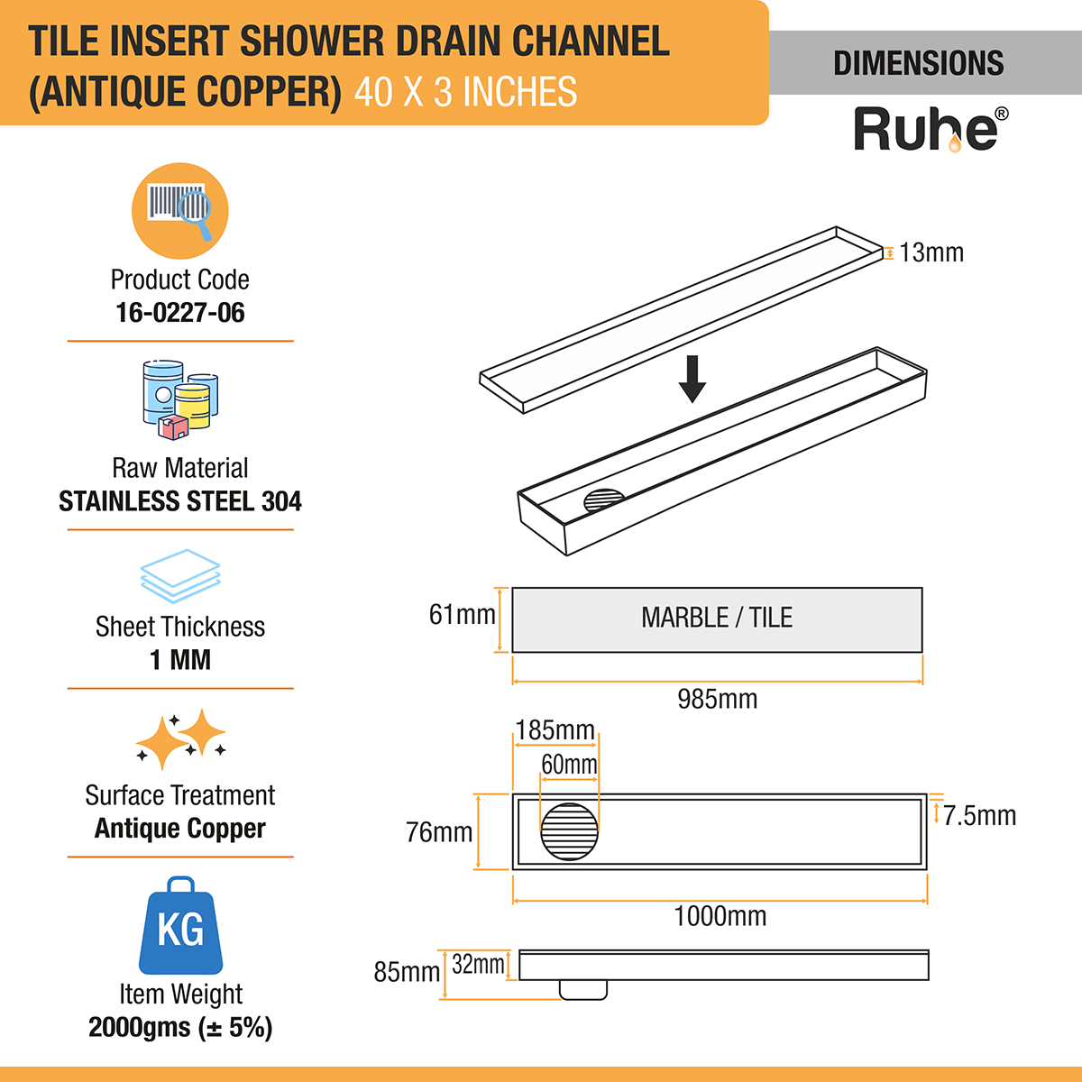 Tile Insert Shower Drain Channel (40 x 3 Inches) ROSE GOLD PVD Coated - by Ruhe®