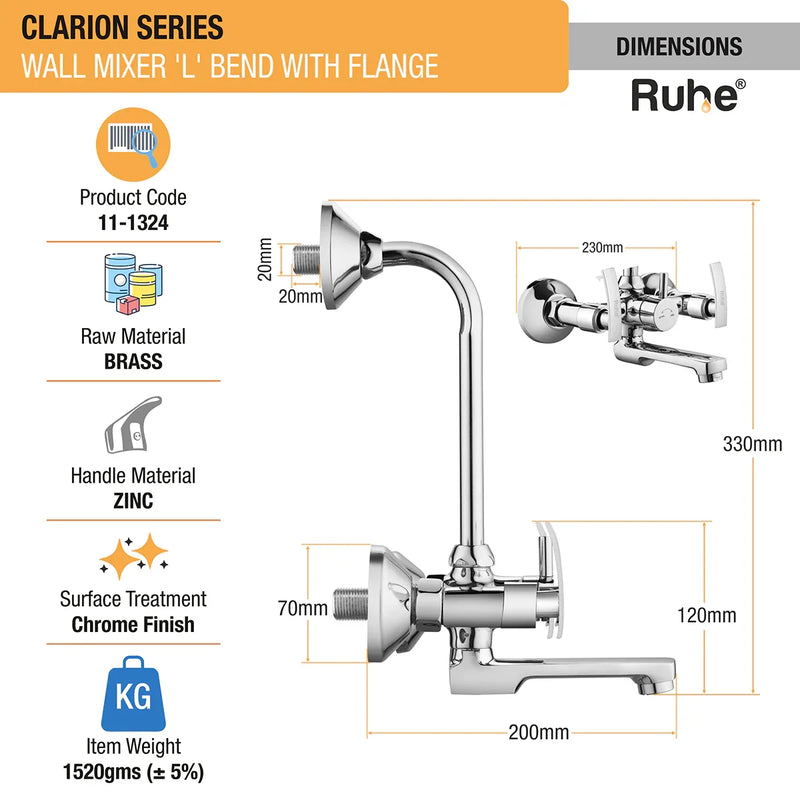 Clarion Wall Mixer Brass Faucet with L Bend - by Ruhe