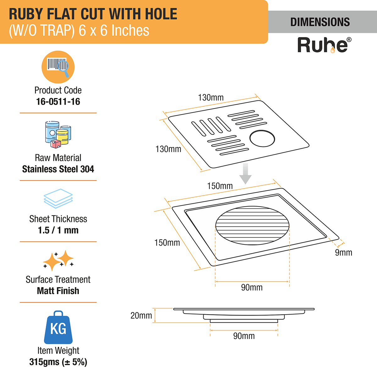 Ruby Square Flat Cut 304-Grade Floor Drain with Hole (6 x 6 Inches) dimensions and sizes