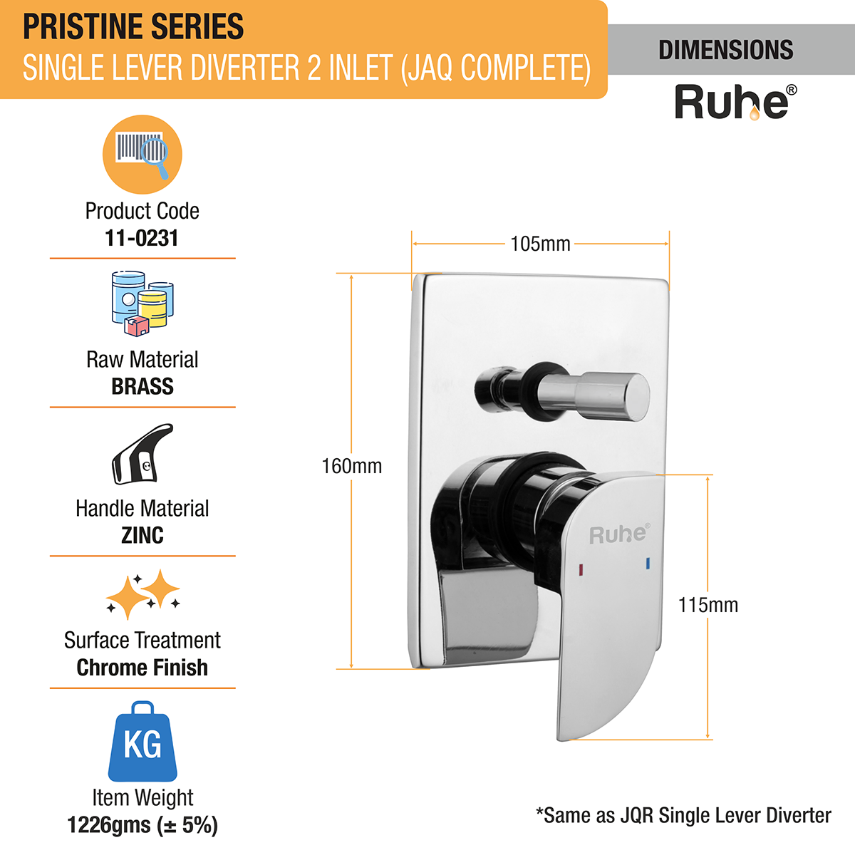 Pristine Single Lever 2-inlet Diverter (JAQ Complete Set) dimensions, raw material, item weight