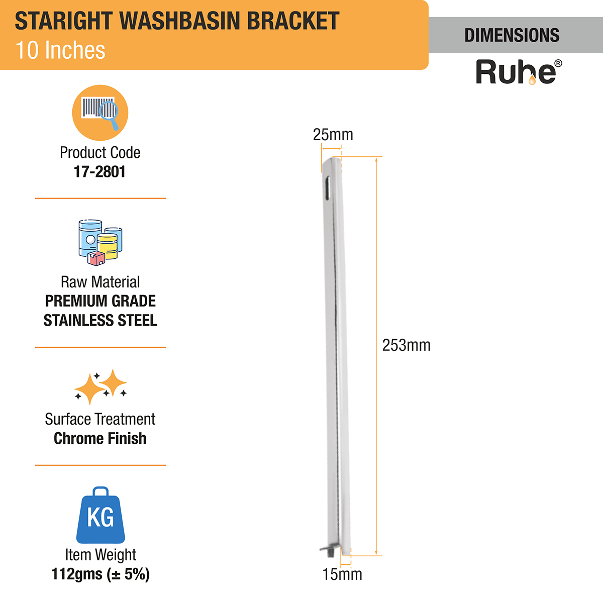 Straight Wash Basin Bracket (10 Inches) - by Ruhe