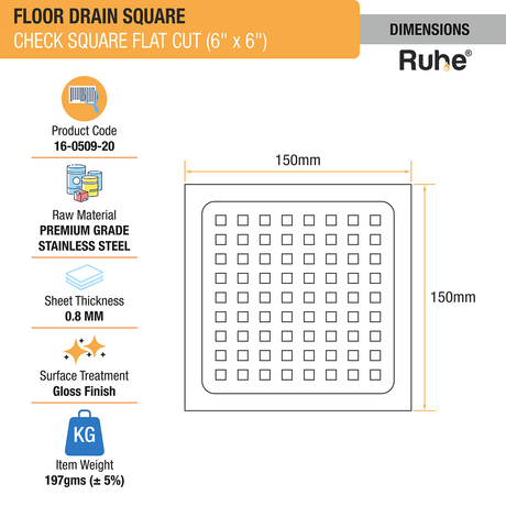 Check Floor Drain Square Flat Cut (6 x 6 Inches) dimensions and size