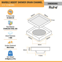 Marble Insert Shower Drain Channel (12 x 12 Inches) with Cockroach Trap (304 Grade) dimensions and size