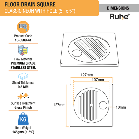 Classic Neon with Collar Square Floor Drain (5 x 5 Inches) with Hole dimensions and size