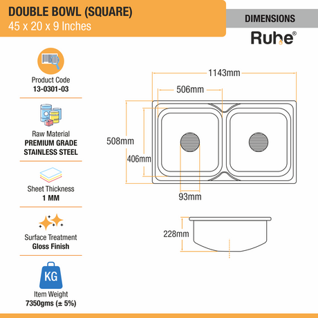Square Double Bowl Premium Stainless Steel Kitchen Sink (45 x 20 x 9 inches) dimensions and sizes