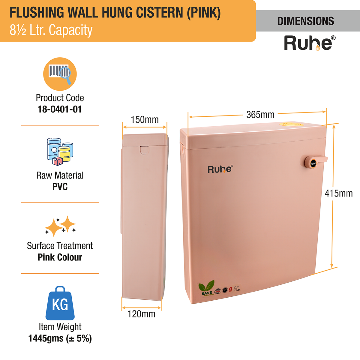 Flushing Wall Hung Cistern 8.5 Ltr. (Pink) dimensions and size