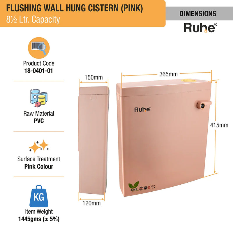 Flushing Wall Hung Cistern 8.5 Ltr. (Pink) - by Ruhe