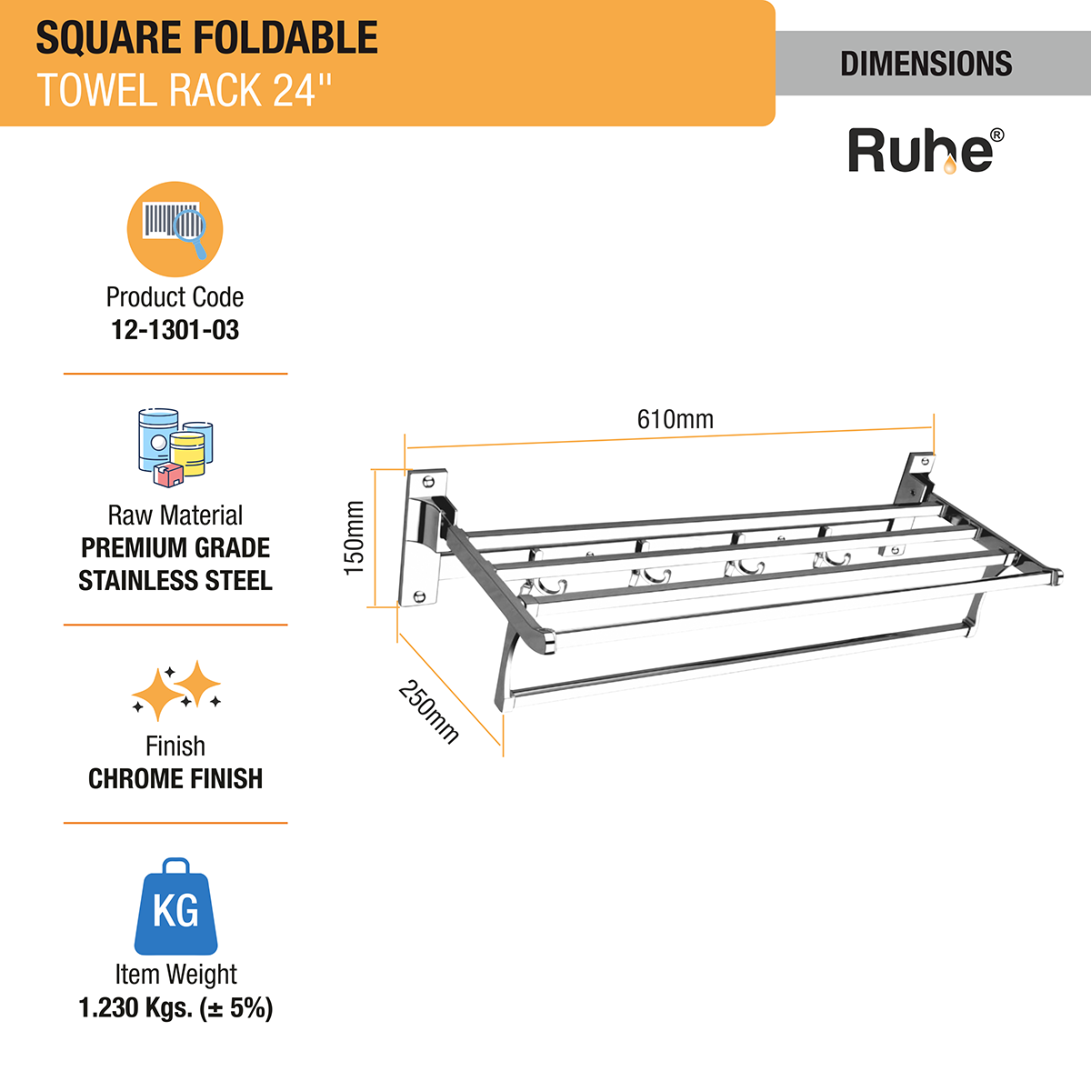 Square Foldable Towel Rack (24 Inches) dimensions and size