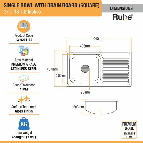 Square Single Bowl (37 x 18 x 8 Inches) Premium Stainless Steel Kitchen Sink with Drainboard dimensions and sizes