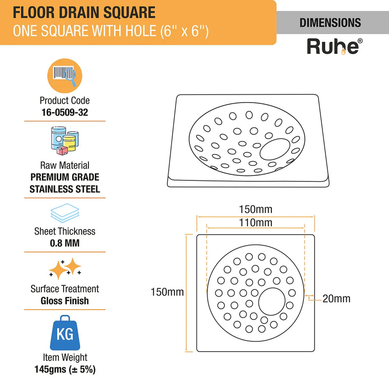 One Square with Collar Floor Drain (6 x 6 inches) with Hole- by Ruhe
