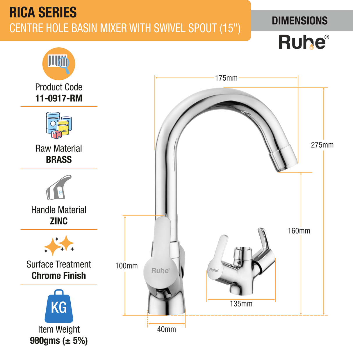 Rica Centre Hole Basin Mixer with Medium (15 inches) Round Swivel Spout Faucet sizes
