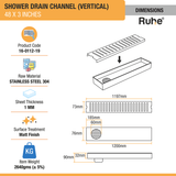 Vertical Shower Drain Channel (48 x 3 Inches) with Cockroach Trap (304 Grade) dimensions and size