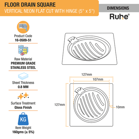 Vertical Neon Square Flat Cut Floor Drain (5 x 5 inches) with Hinged Grating Top dimensions and size