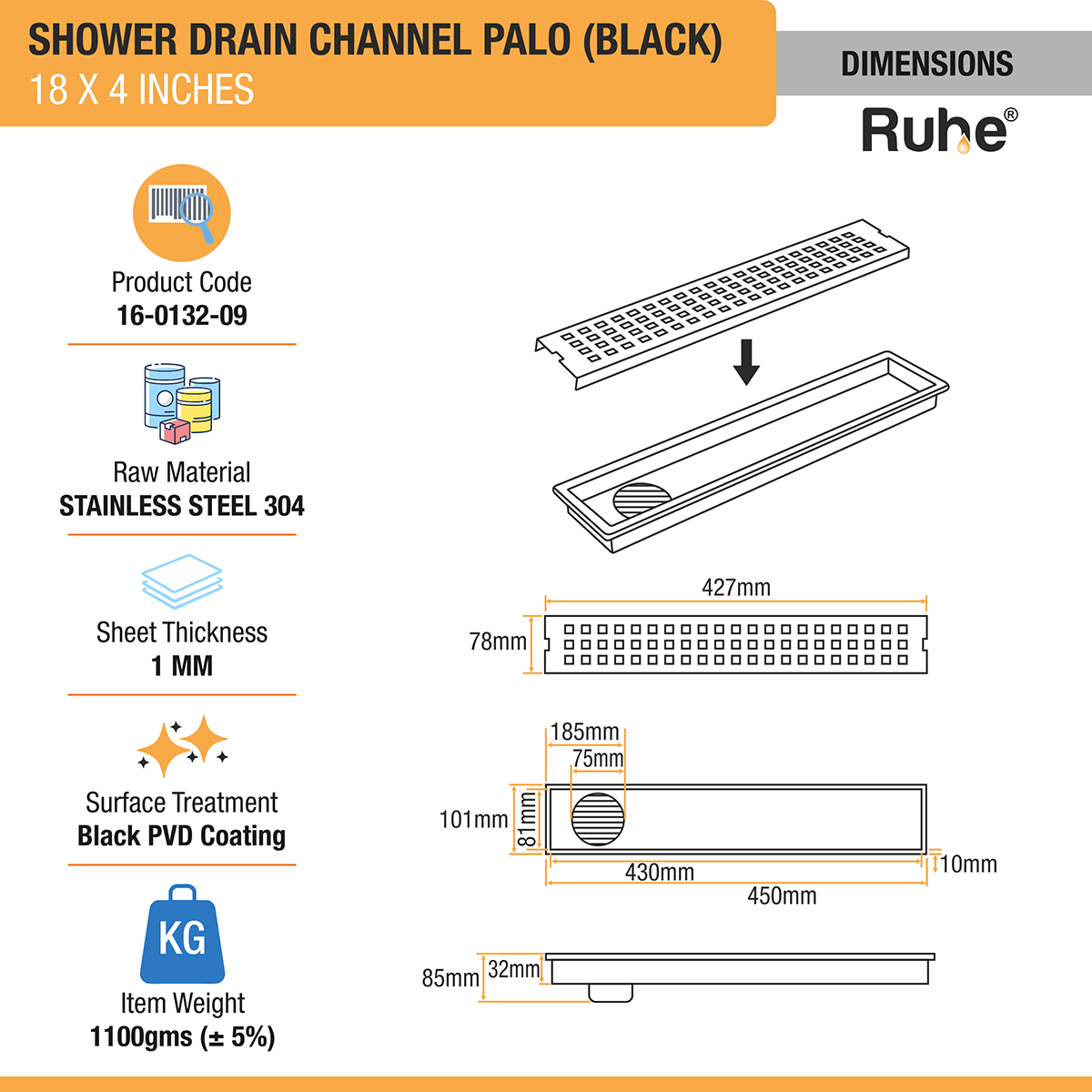 Palo Shower Drain Channel (18 x 4 Inches) Black PVD Coated dimensions and sizes