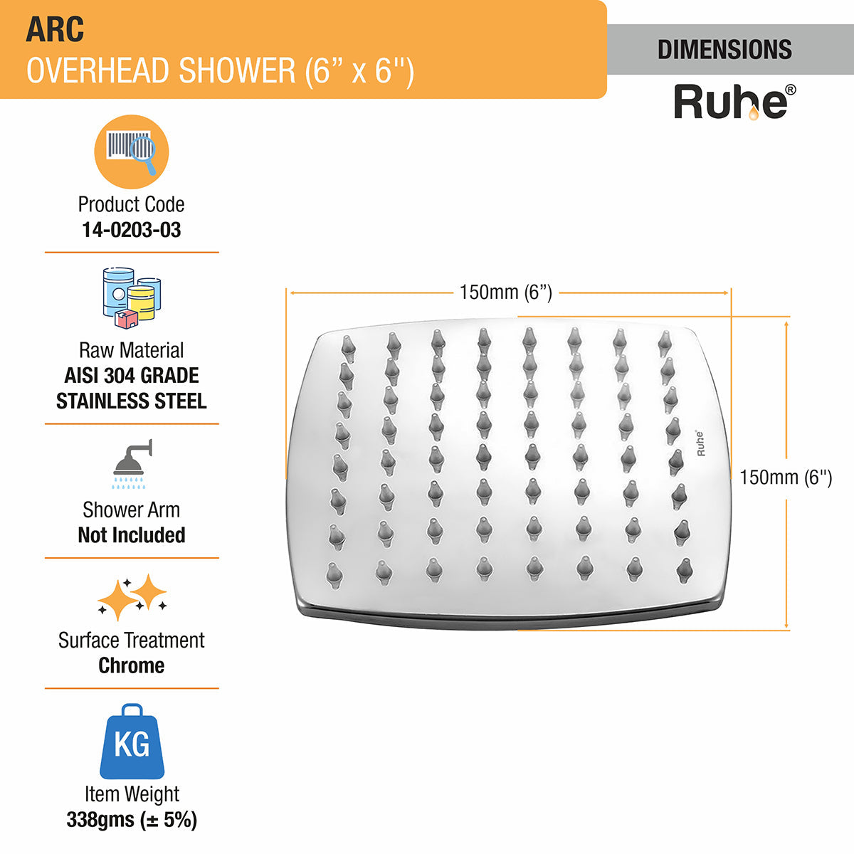 Arc 304-Grade Overhead Shower (6 x 6 Inches) - by Ruhe