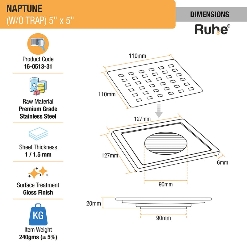 Naptune Square Floor Drain (5 x 5 Inches) - by Ruhe