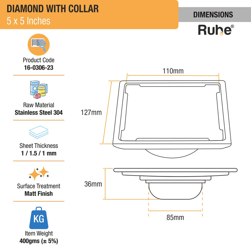Diamond Square 304-Grade Floor Drain with Collar & Cockroach Trap (5 x 5 Inches) - by Ruhe