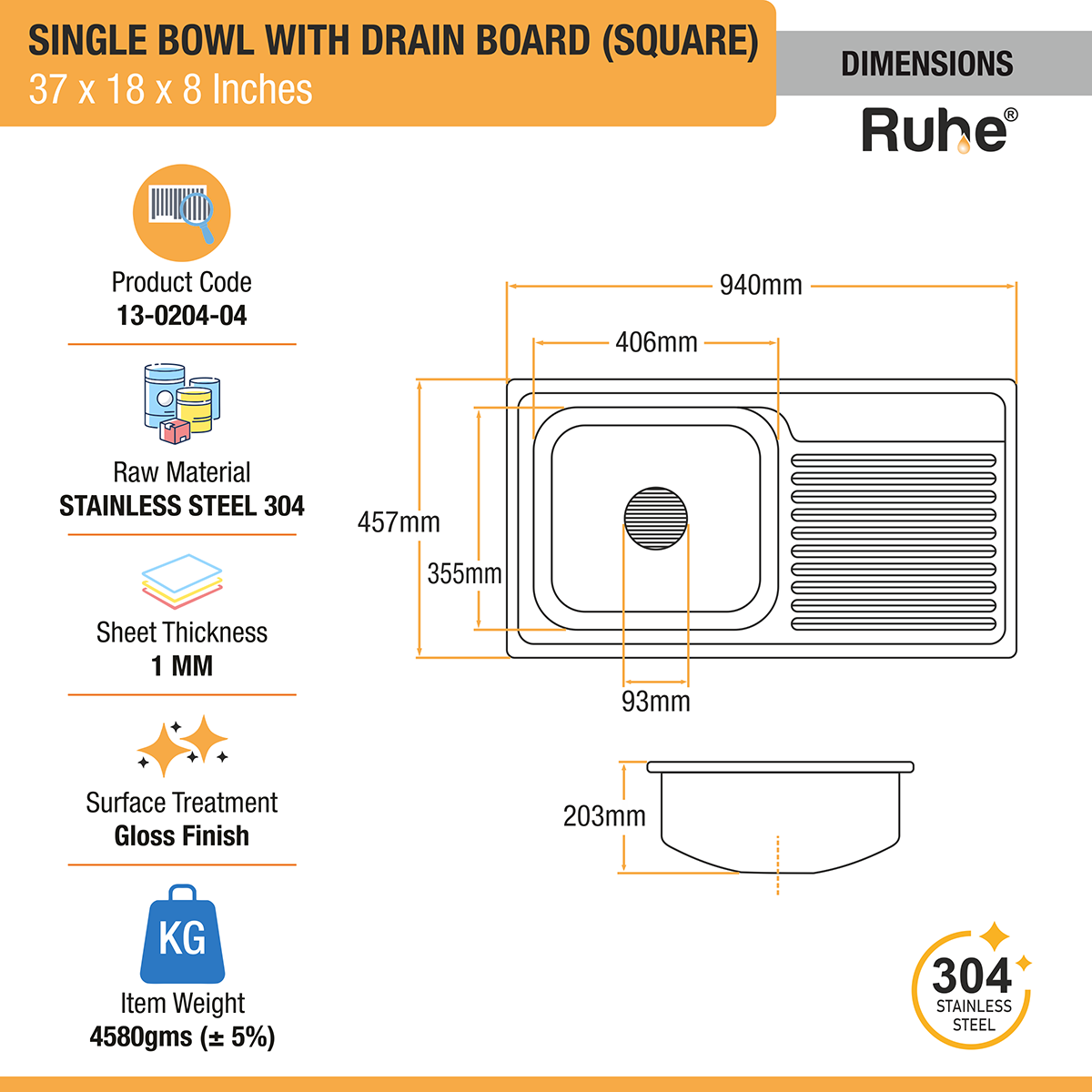 Square Single Bowl (37 x 18 x 8 Inches) 304-Grade Stainless Steel Kitchen Sink with Drainboard dimensions and sizes