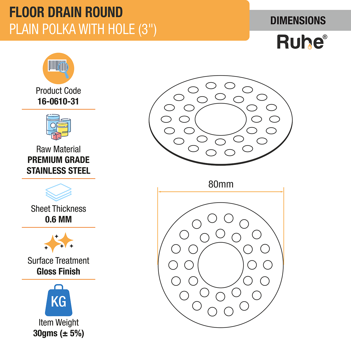 Plain Polka Round Floor Drain with Hole (3 Inches) (Pack of 4) - by Ruhe®