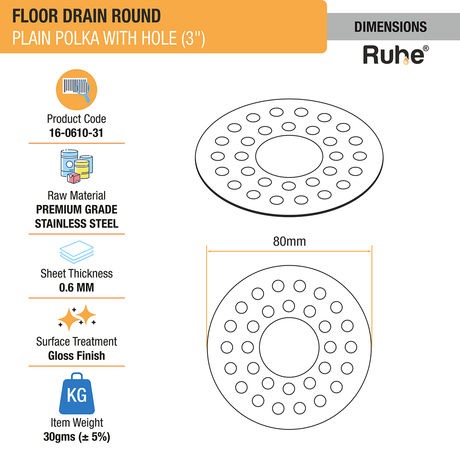Plain Polka Round Floor Drain with Hole (3 Inches) (Pack of 4) - by Ruhe®