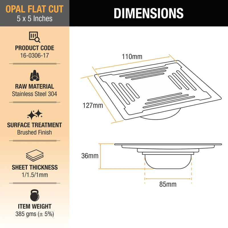 Opal Square Flat Cut 304-Grade Floor Drain with Cockroach Trap (5 x 5 Inches) - by Ruhe