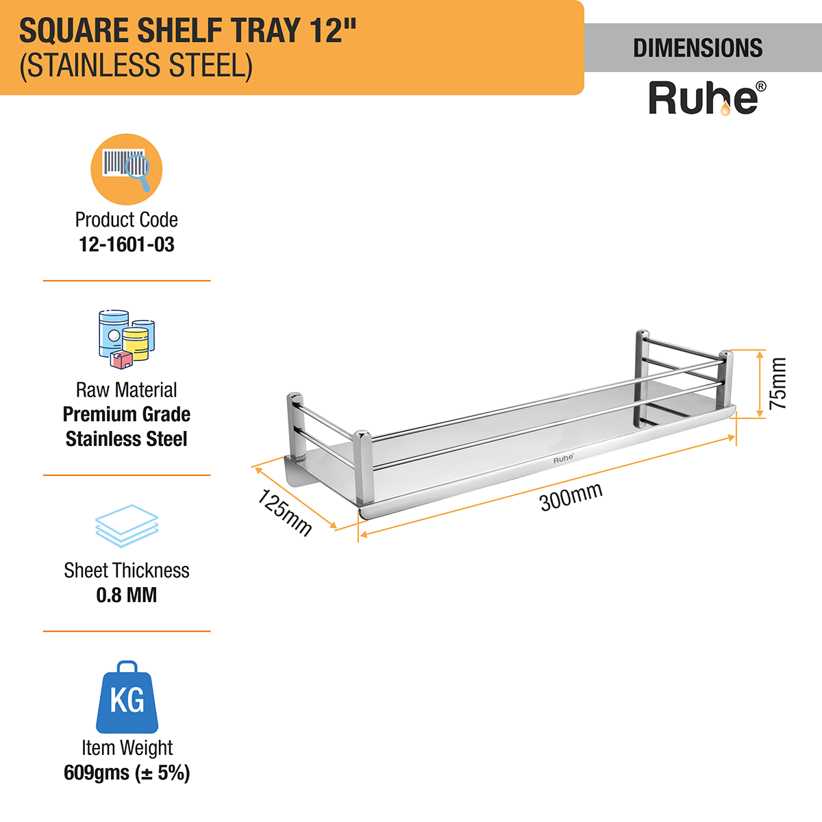 Square Stainless Steel Shelf Tray (12 Inches) - by Ruhe®