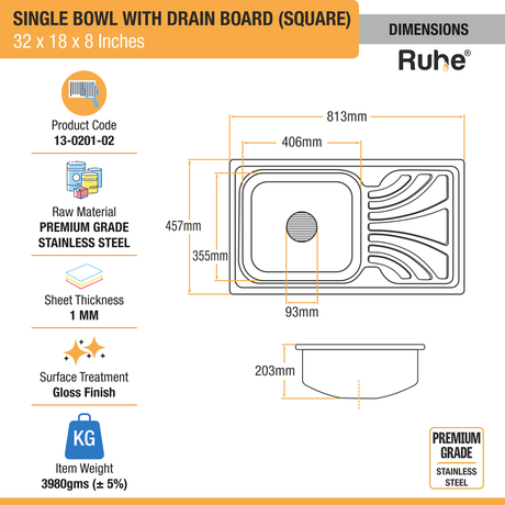 Square Single Bowl (32 x 18 x 8 inches) Kitchen Sink with Drainboard dimensions and size