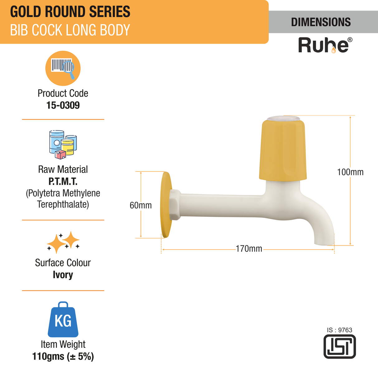 Gold Round Bib Tap Long Body PTMT Faucet - by Ruhe®