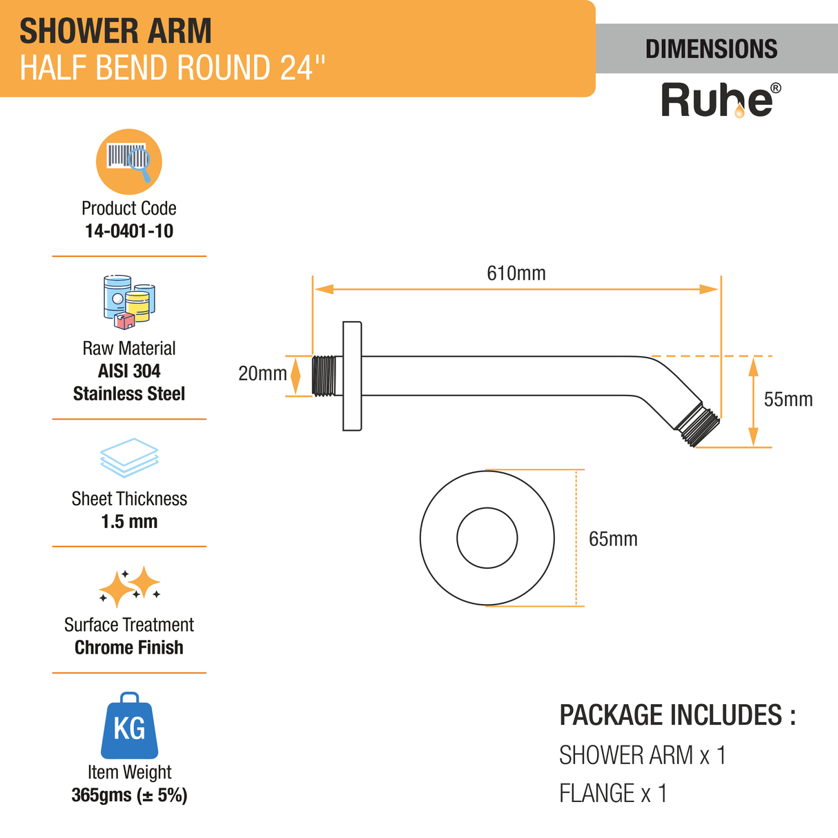 Half Bend Round 304-Grade Shower Arm (24 Inches) - by Ruhe