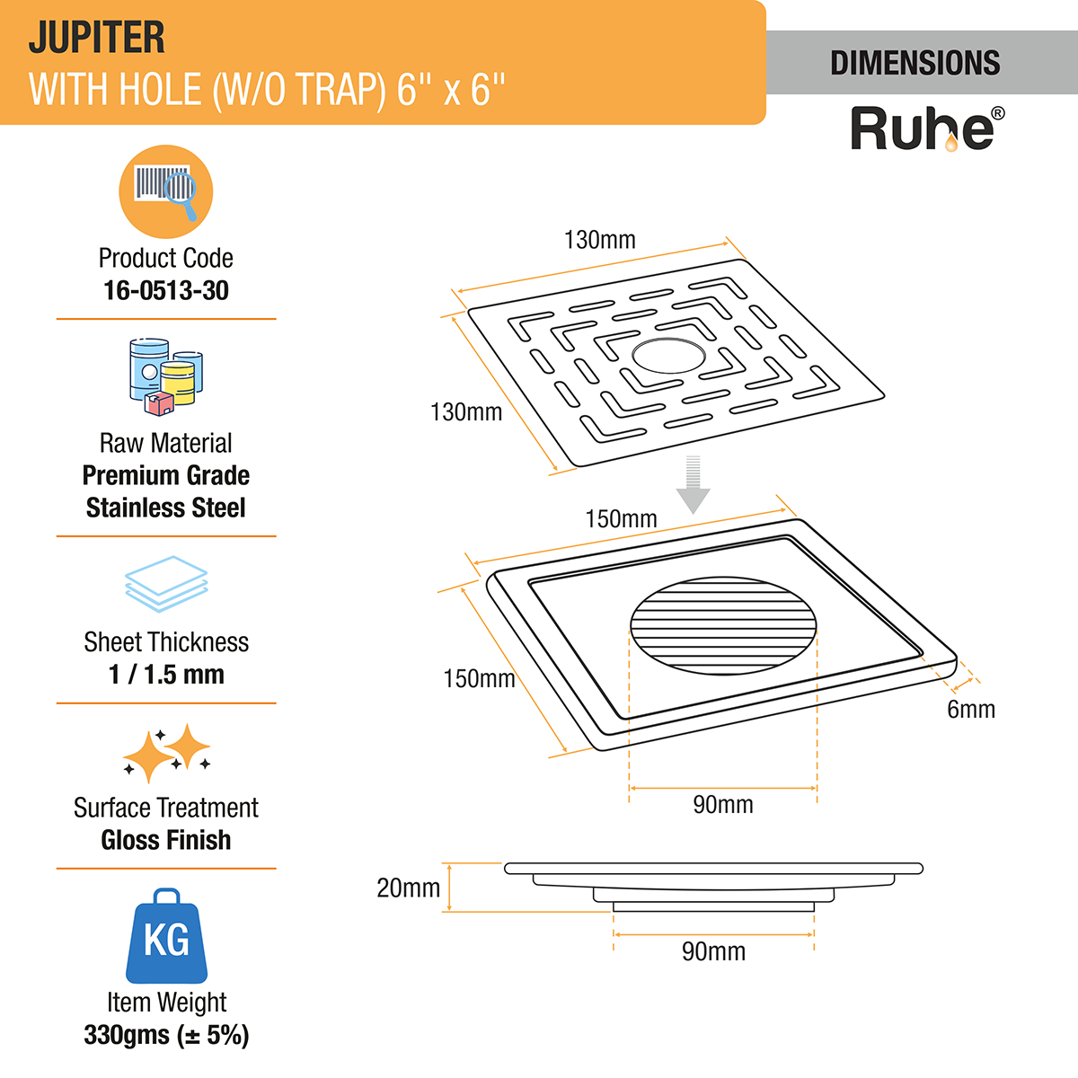 Jupiter Square Premium Floor Drain (6 x 6 Inches) with Hole - by Ruhe®