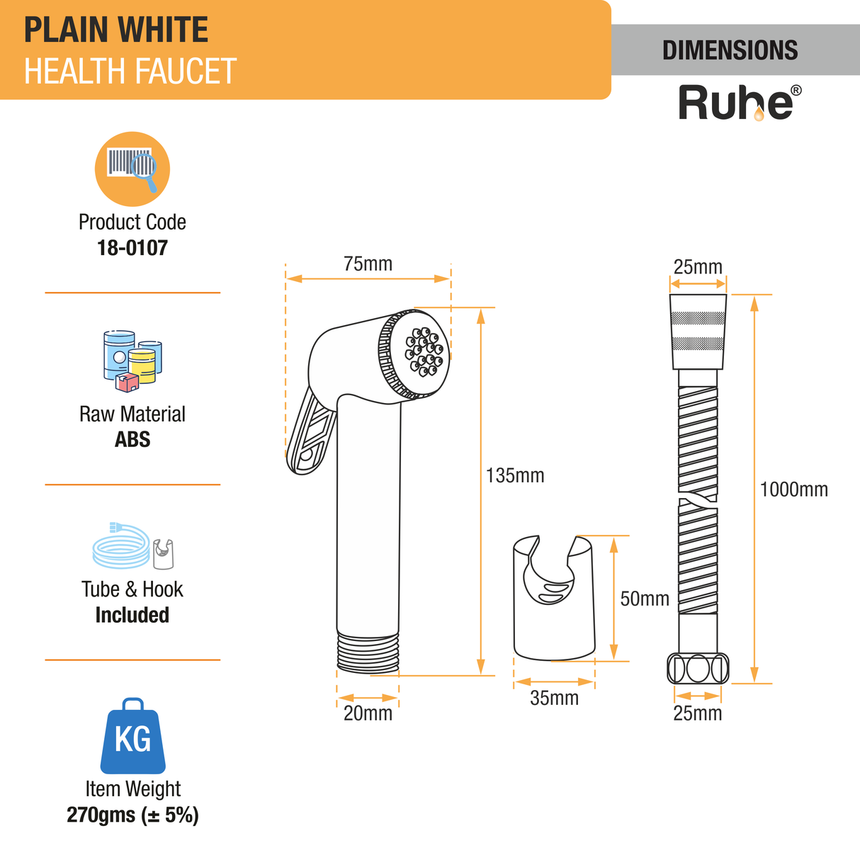 Plain White Health Faucet with Flexible Hose and Hook dimensions and size