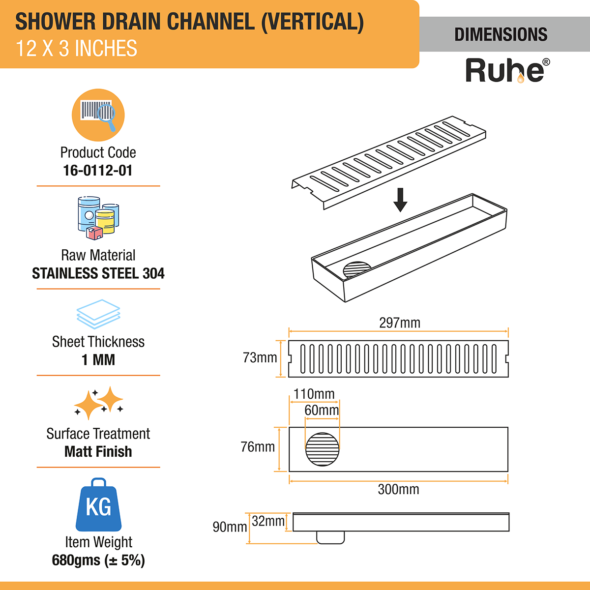 Vertical Shower Drain Channel (12 x 3 Inches) with Cockroach Trap (304 Grade) - by Ruhe®